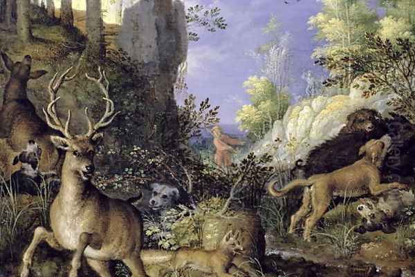 A woodland scene with hunters and animals Oil Painting by Roelandt Jacobsz Savery