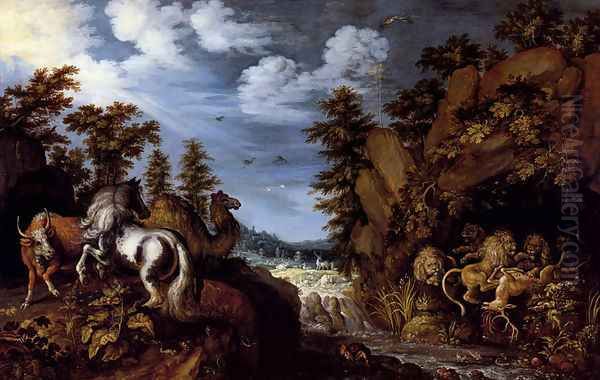 A Rocky Landscape With A Stallion, Bull And Camel Overlooking A Lion's Den Oil Painting by Roelandt Jacobsz Savery