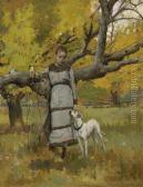 Young Girl With Dog Oil Painting by Theodore Robinson