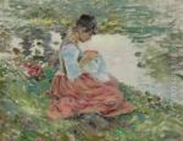 Girl Sewing By River Oil Painting by Theodore Robinson