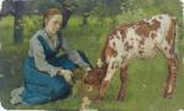 Woman With Calf Oil Painting by Theodore Robinson