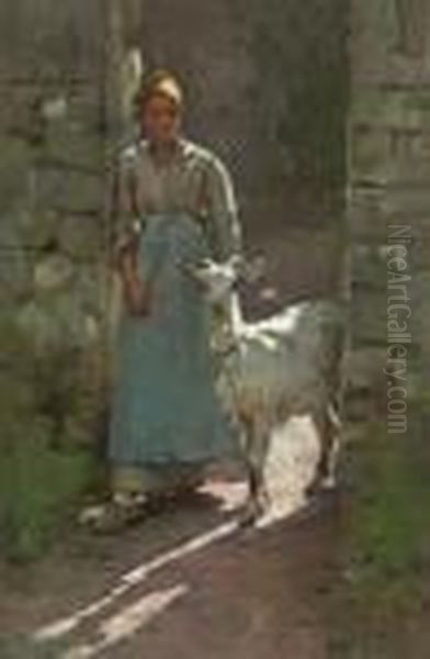 Girl With Goat Oil Painting by Theodore Robinson