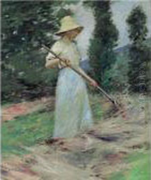 Girl Raking Hay Oil Painting by Theodore Robinson