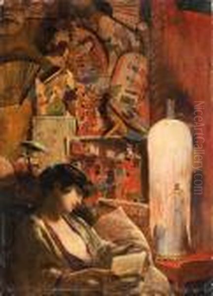 Jeune Femme A La Lecture Dans Un Interieur Japonisant Oil Painting by Georges Antoine Rochegrosse