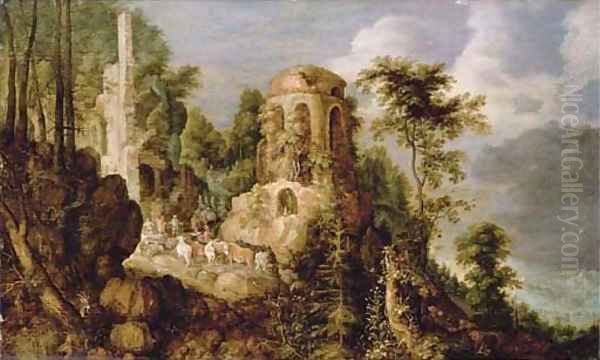 A rocky landscape with a stream and classical ruins, with the Reconcilliation of Jacob and Laban Oil Painting by Roelandt Jacobsz Savery