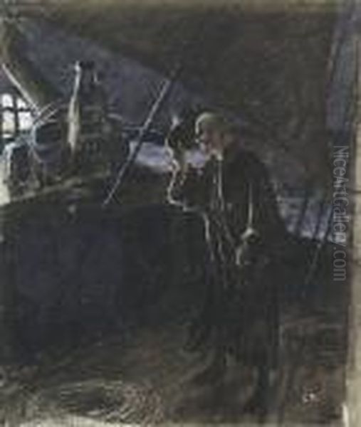 Homme Saluant Sur Le Pont Dun Bateau Au Clair De Lune Oil Painting by Georges Antoine Rochegrosse