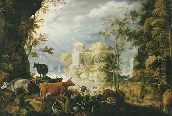 A wooded landscape with cows, birds and other animals by a lake, with a village beyond Oil Painting by Roelandt Jacobsz Savery