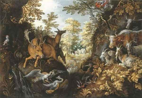 A stag, deers, herons, goats, parrots and other animals in a forest Oil Painting by Roelandt Jacobsz Savery