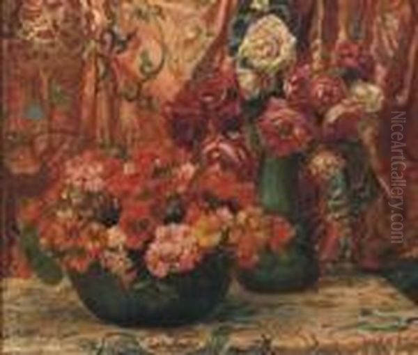 Red Flowers Amongst Drapery Oil Painting by Georges Antoine Rochegrosse