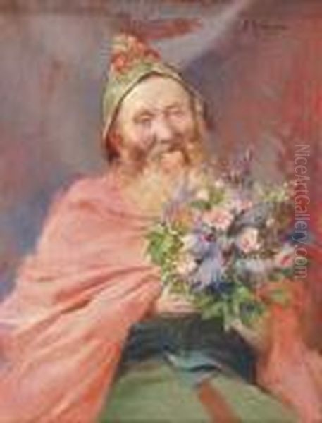 Le Vieux Moine Au Bouquet De Fleurs Oil Painting by Georges Antoine Rochegrosse