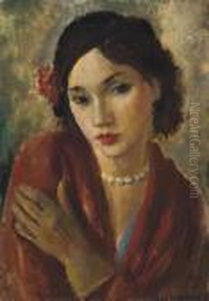 An Elegant Lady With A Pearl Necklace Oil Painting by Vera Rockline