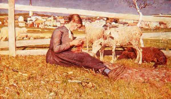 A Girl Knitting, 1888 Oil Painting by Giovanni Segantini