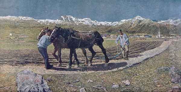 Peasants ploughing a field in the north of Italy, illustration from the magazine Allemand Jugend. 1879 Oil Painting by Giovanni Segantini