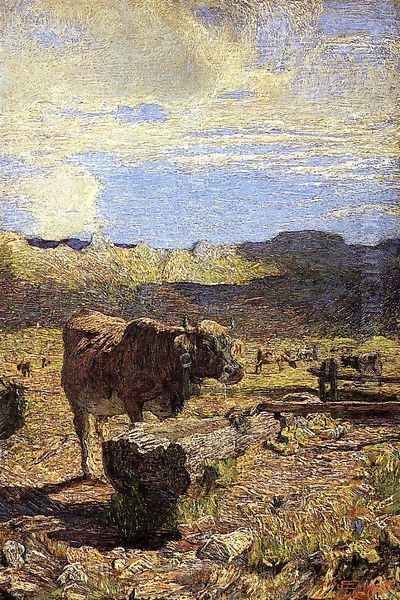 Cow at a Water Trough Oil Painting by Giovanni Segantini