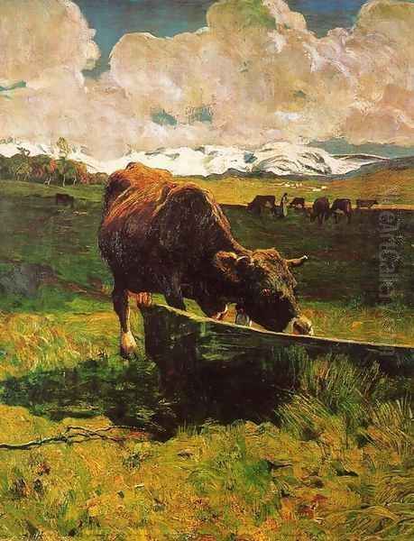 A cow drinking water Oil Painting by Giovanni Segantini