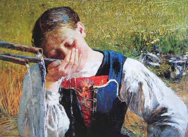 Bündnerin at the fountain Oil Painting by Giovanni Segantini