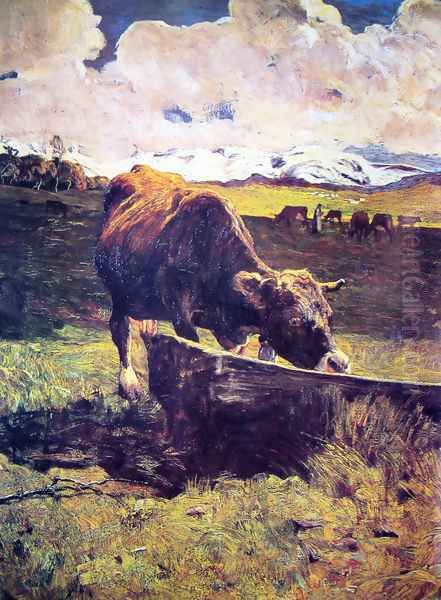 Brown cow in the waterhole Oil Painting by Giovanni Segantini