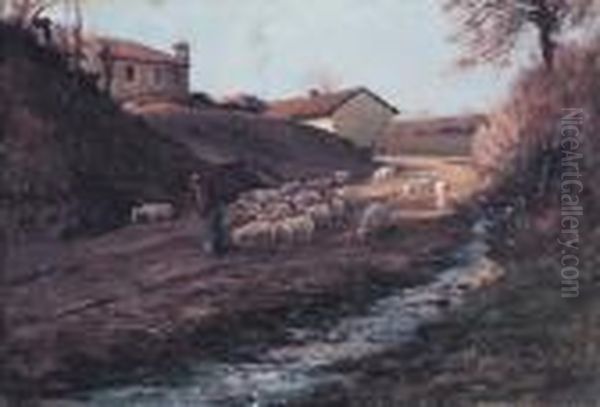 Scorcio Di Paese Con Pastorella E Gregge Oil Painting by Leonardo Roda