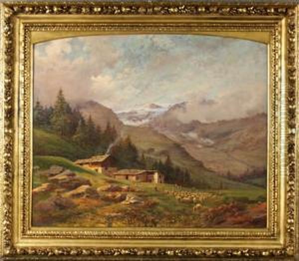 ''paesaggio Montano Con Baite E Greggi''. Oil Painting by Leonardo Roda