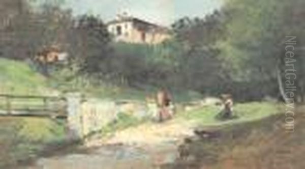 Paesaggio Con Contadini Oil Painting by Leonardo Roda