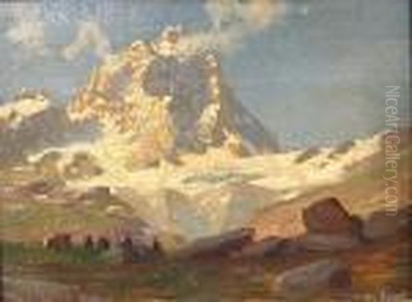 A View Of A Snow-covered Peak With Cattle Grazing In The Foreground Oil Painting by Leonardo Roda