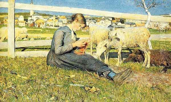 Knitting girl Oil Painting by Giovanni Segantini