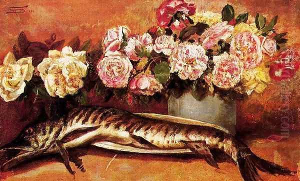 Still life with flowers and fish Oil Painting by Giovanni Segantini