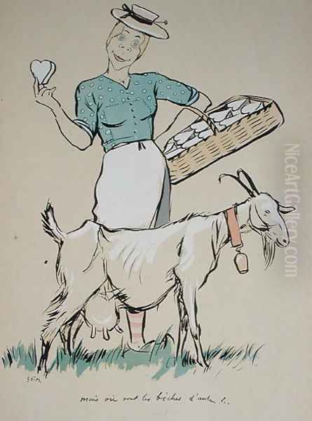 Cheese maker and her goat, caricature from Le Grand Monde a lEnvers, 1919 Oil Painting by Georges Goursat Sem