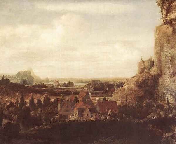 A River Valley with a Group of Houses c. 1625 Oil Painting by Hercules Seghers