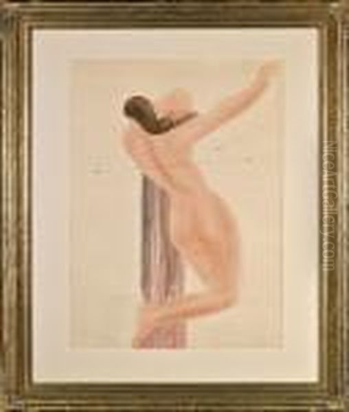 A The Backside Of A Nude, With One Arm Outstretched, Against A Purple Post Oil Painting by Auguste Rodin