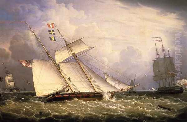 American Schooner under Sail with Heavy Seas Oil Painting by Robert Salmon