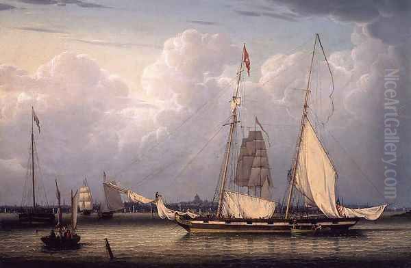 A Schooner with a View of Boston Oil Painting by Robert Salmon