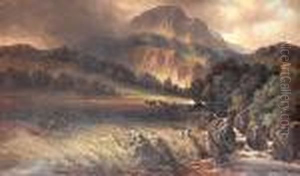 Highland Landscape With Stag And Deerstalkercrouching Behind A Rock Oil Painting by Clarence Roe