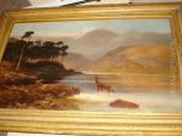 Loch Scene With Stag In The Foreground Oil Painting by Clarence Roe