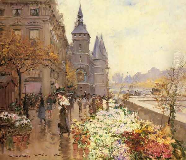 A Flower Market Along the Seine Oil Painting by Georges Stein