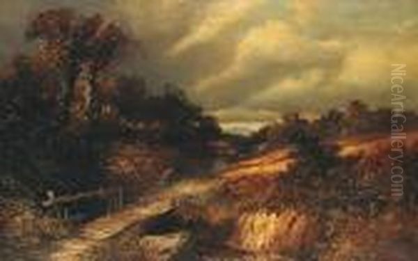 An Extensive Landscape With A Bridge Over A Stream Oil Painting by Clarence Roe