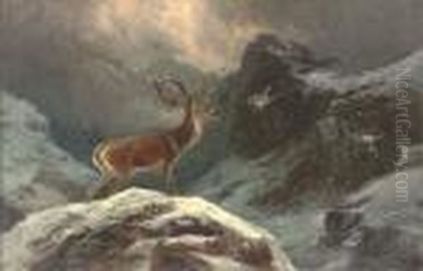 A Stag In A Highland Winter Landscape Oil Painting by Clarence Roe