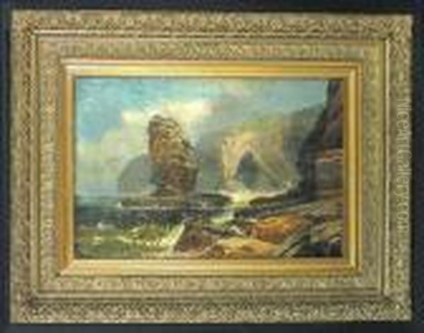 A Rocky Coastal Scene With A Sea Stack Oil Painting by Clarence Roe