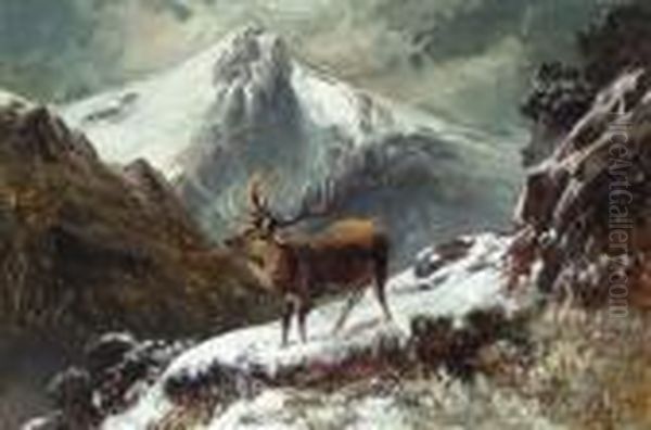 A Stag In A Midnight Winter Landscape Oil Painting by Clarence Roe