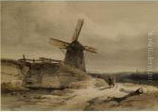 Figures Near A Windmill Oil Painting by Willem Roelofs