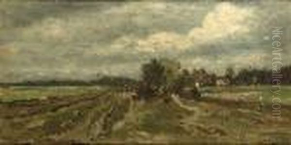 A Polder Landscape With A Farmhouse Beyond Oil Painting by Willem Roelofs