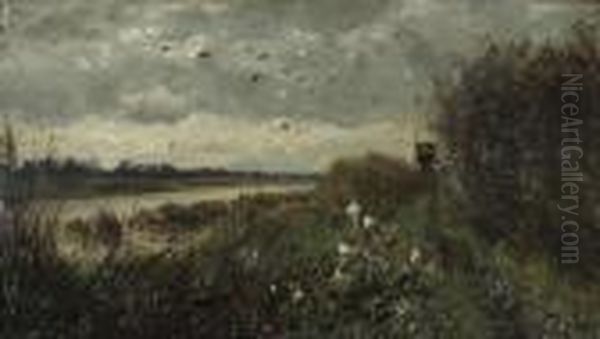 Rivierlandschap Met Windmolen Bij De Oever En Zwerm Vogels In Vlucht Oil Painting by Willem Roelofs