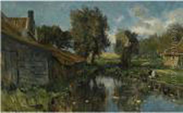 Farms On The Waterfront Oil Painting by Willem Roelofs