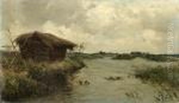 A Haystack Beside A River Oil Painting by Willem Roelofs