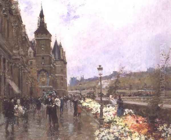 Flower Sellers by the Seine Oil Painting by Georges Stein