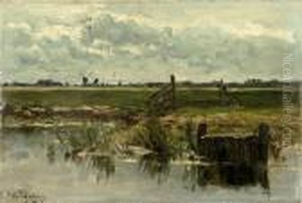 River Scene With Distant Windmill Oil Painting by Willem Roelofs