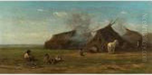 Zigeunerfamilie Mit Pferden Vor Zelten In Der Pusta Oil Painting by Willem Roelofs