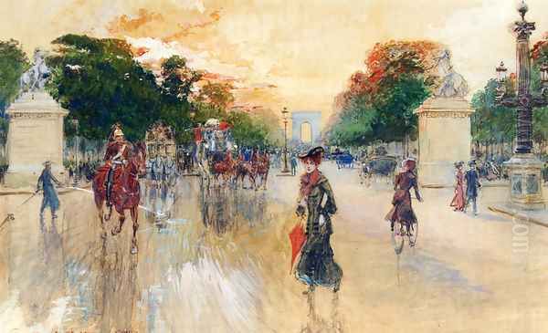 Busy Traffic On The Champs Elysees, Paris Oil Painting by Georges Stein