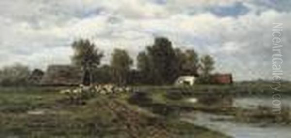 Sheep In A Polder Landscape Oil Painting by Willem Roelofs