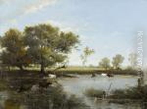 Landschaftspartie Mit Kuhen Bei Einem Teich Oil Painting by Willem Roelofs